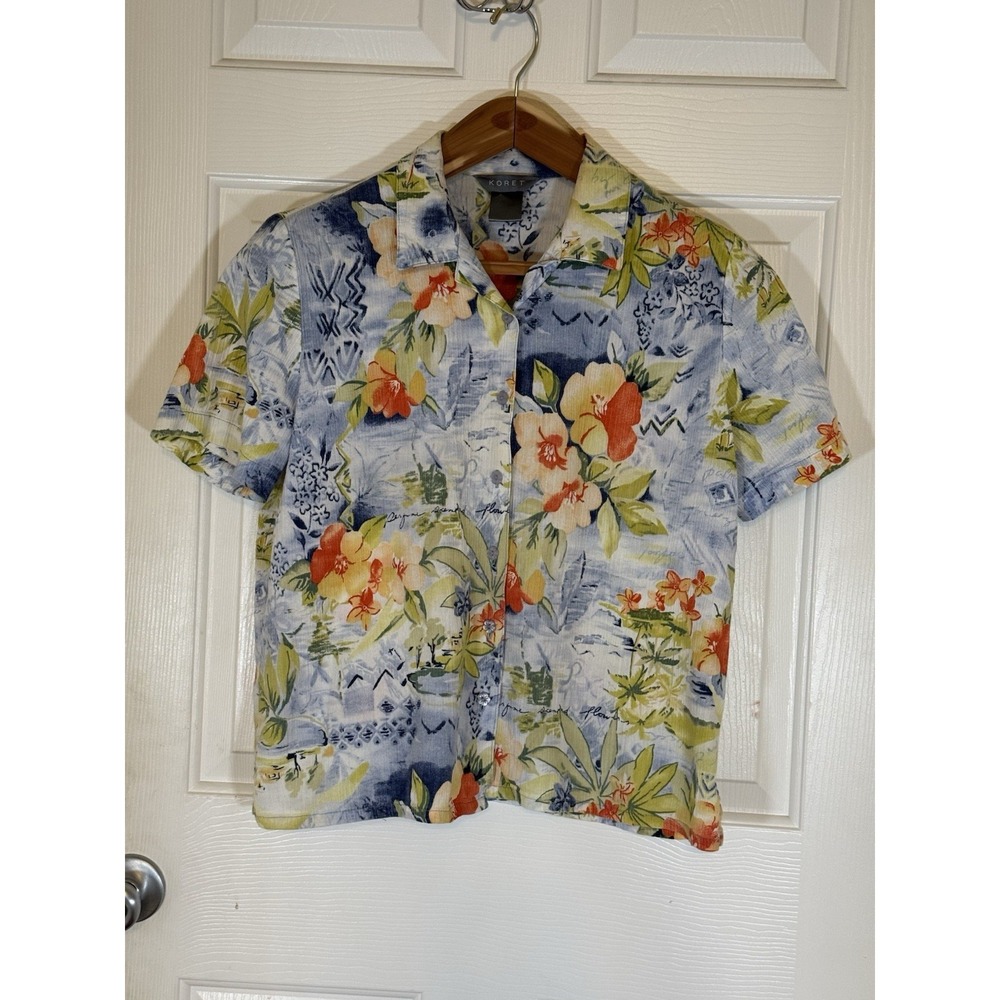 Vtg Koret Coastal Button Up Short Sleeve Shoulder Pads L/XL Beach Resort